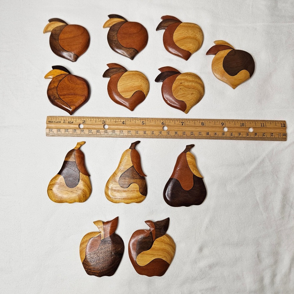 12pc Vintage Mixed Wood Intarsia Fruit Magnets Apple Pear Peach Handcrafted